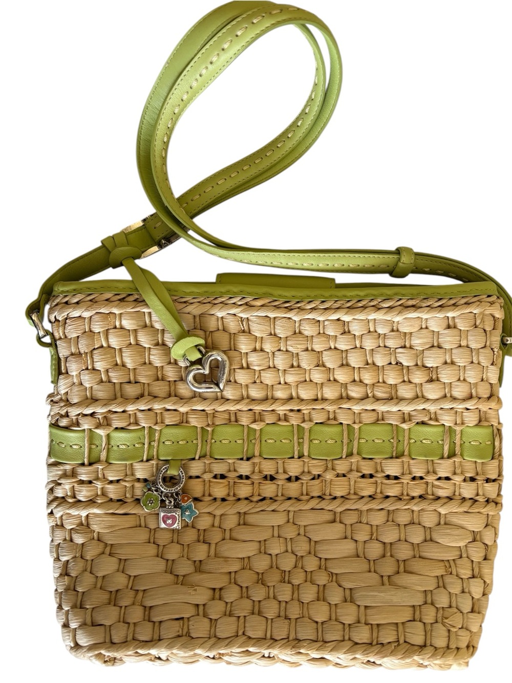 Brighton Straw Shoulder Bag with Lime Green Leather Trim